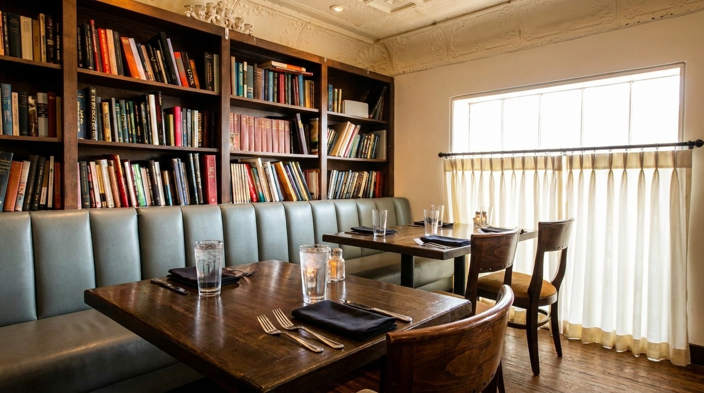 Cozy restaurant dining area with wooden tables, green booth seating, and a large bookshelf.