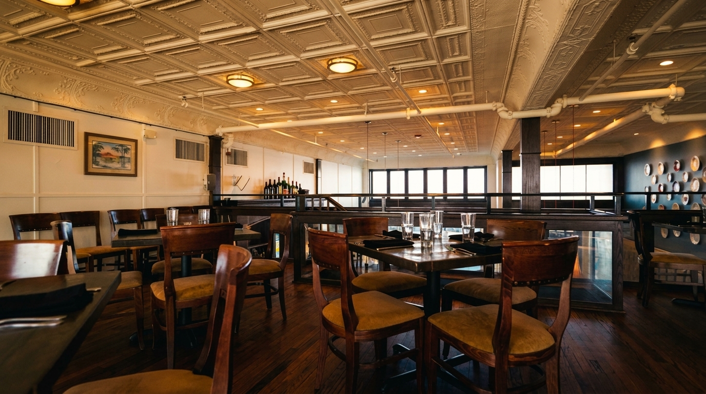 Restaurant interior with dark wood tables and chairs, ornate white ceiling, and large windows.