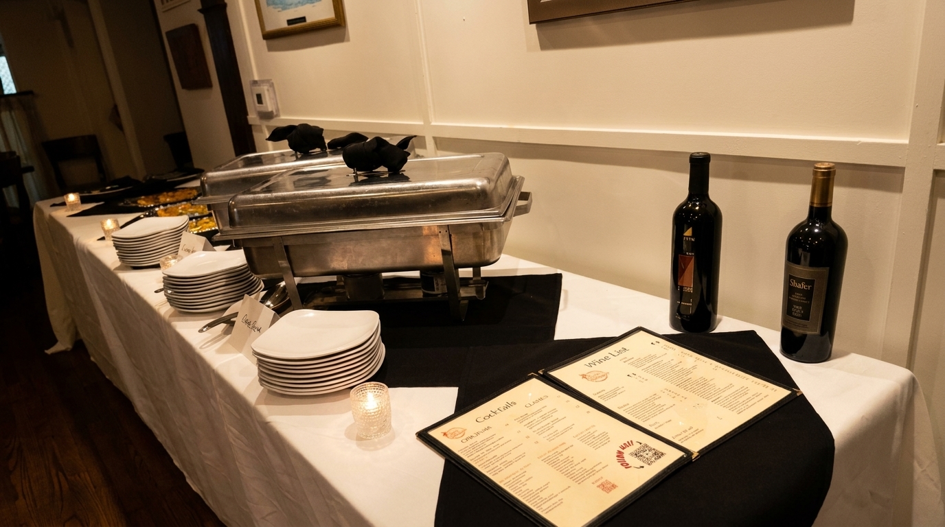 Buffet table with chafing dishes, stacks of plates, wine bottles, and menus under soft lighting.