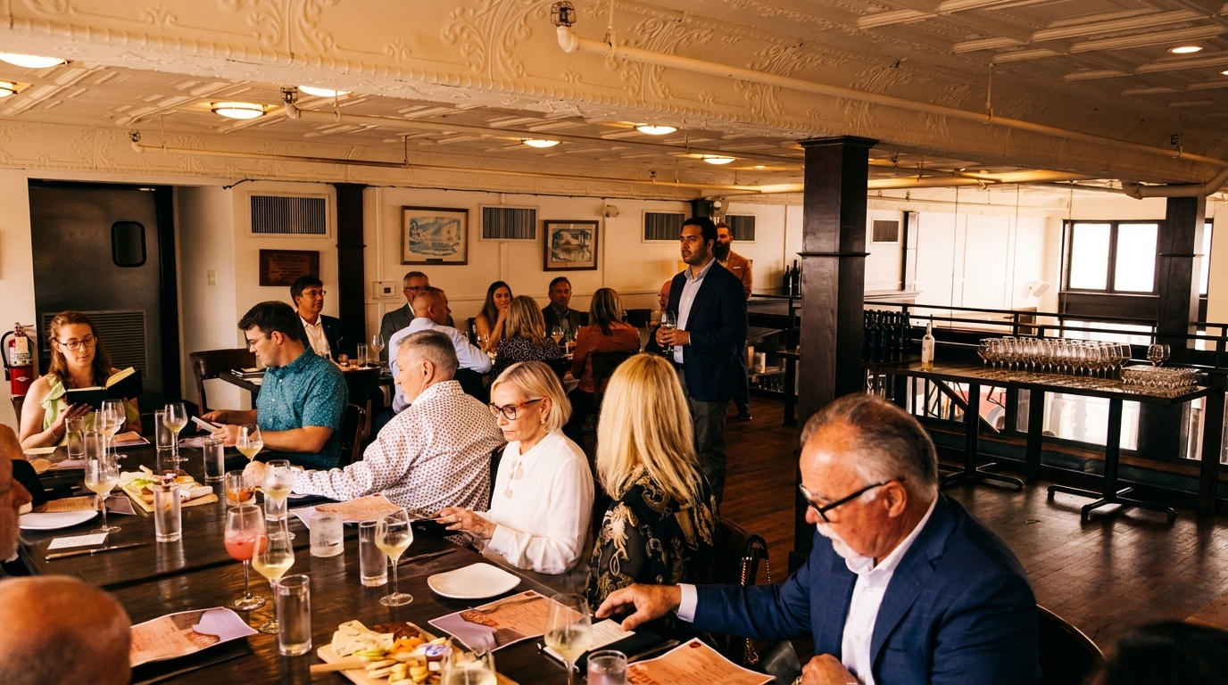 Guests seated at a long table with drinks and appetizers, listening to a speaker at a restaurant event.