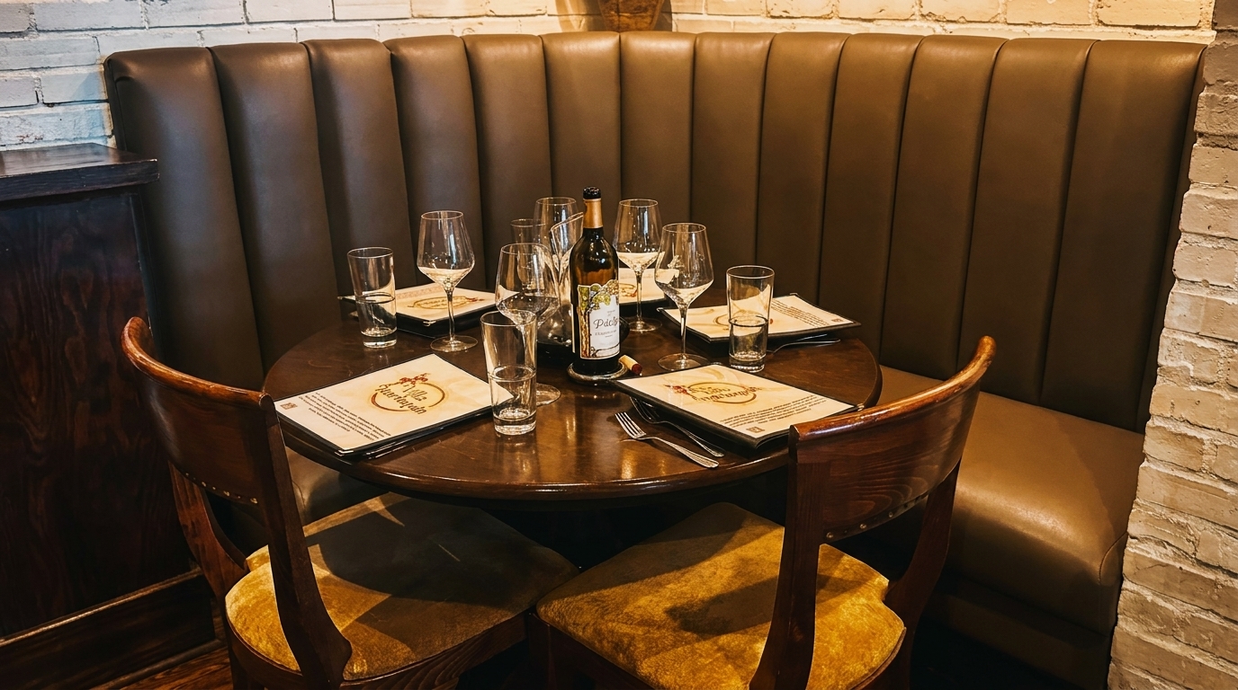 A cozy restaurant booth with a round wooden table set with wine glasses, water glasses, and menus.