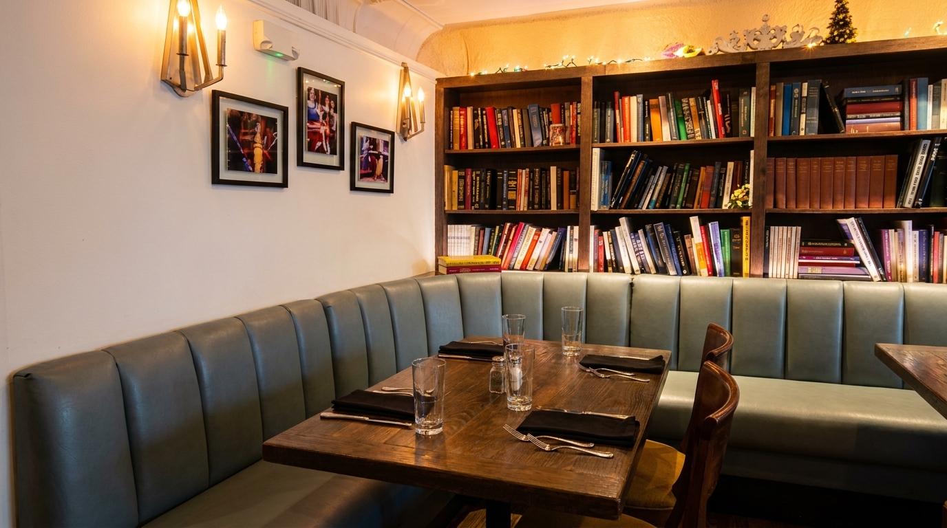 Cozy restaurant corner with a light green booth, wooden tables, and a bookshelf filled with books.