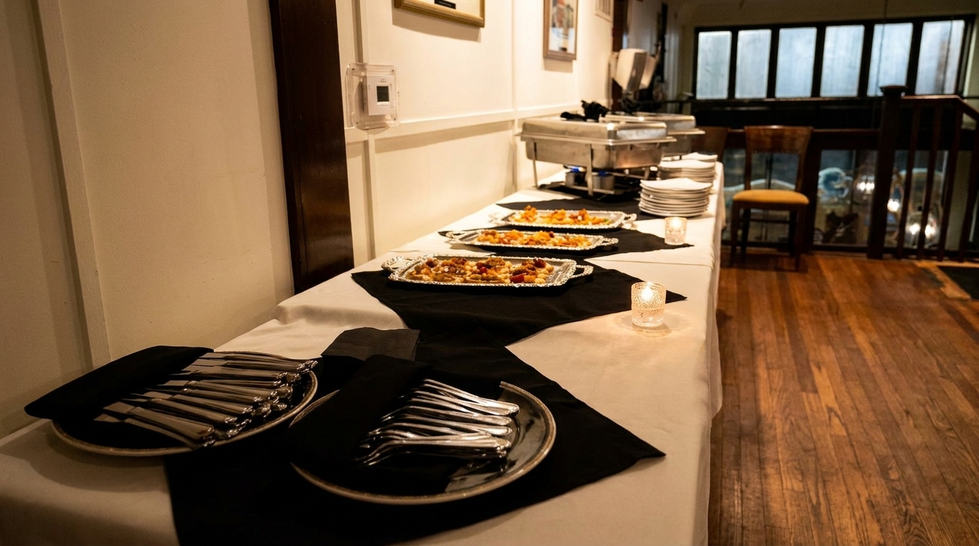 Buffet table with appetizers, chafing dishes, stacked plates, and silverware on black and white linens.
