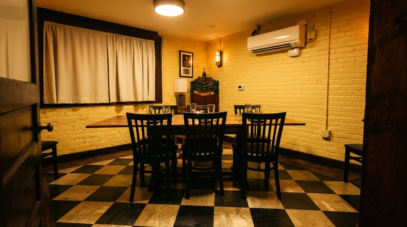 Private dining room with yellow brick walls, a long wooden table, black chairs, and checkered floor.