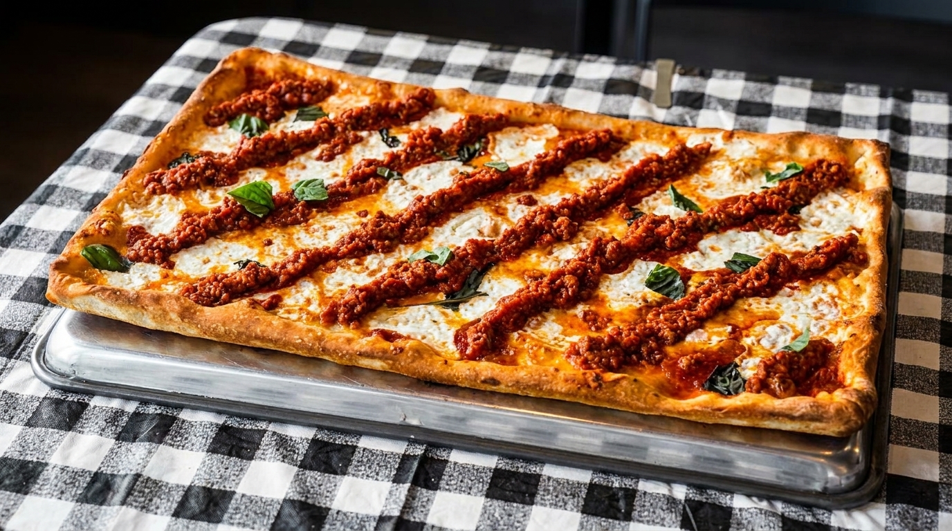 Rectangular pizza with diagonal stripes of red sauce and white cheese, garnished with basil, on a checkered tablecloth.