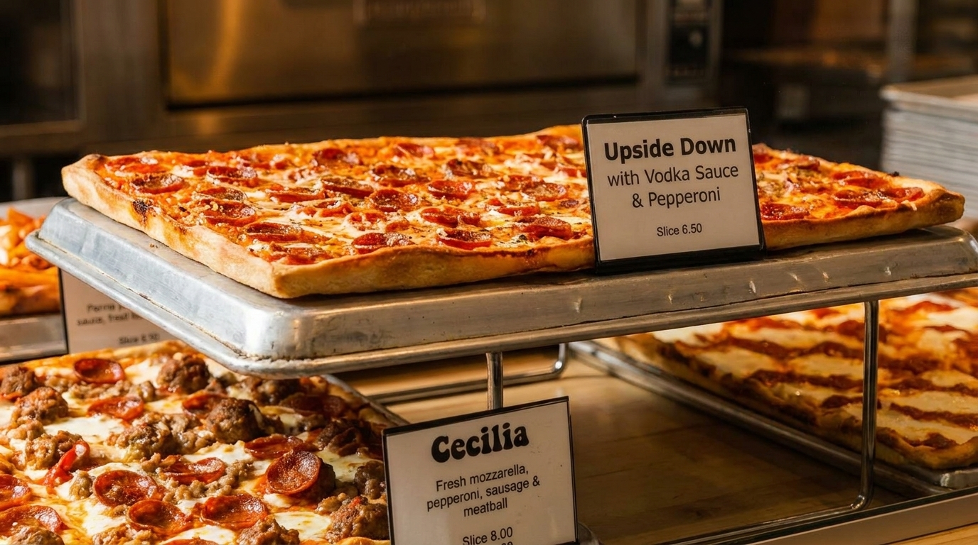 Three trays of rectangular pizzas, including pepperoni, sausage, and vodka sauce varieties, on display.