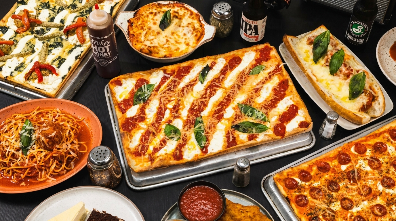 A feast of Italian dishes including various pizzas, spaghetti and meatballs, lasagna, and a meatball sub.