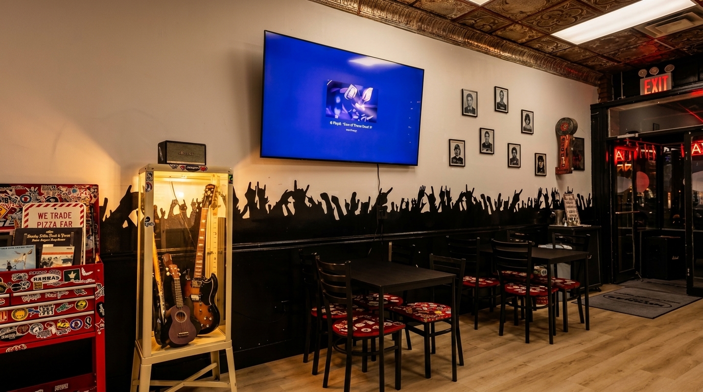 A rock-and-roll themed restaurant interior with guitars, band photos, and a TV playing music.