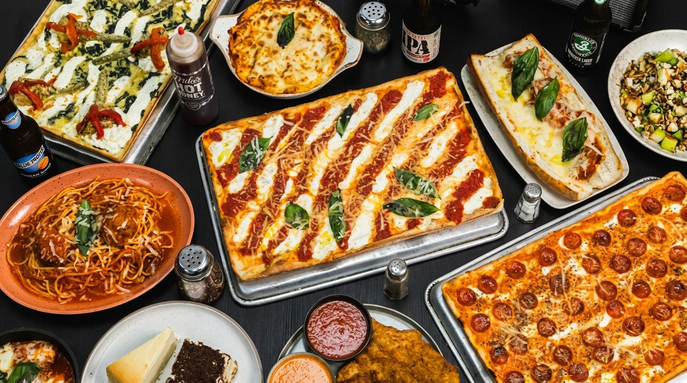 A table laden with various Italian dishes, including pizzas, spaghetti, lasagna, and desserts.