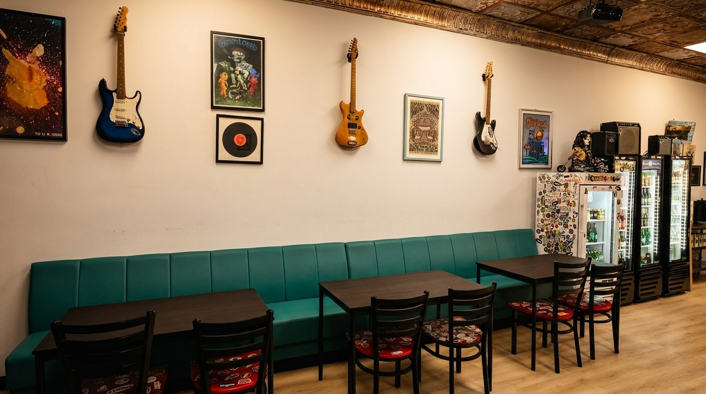 Restaurant interior with teal booth seating, dark tables, and guitars and music posters on the white wall.