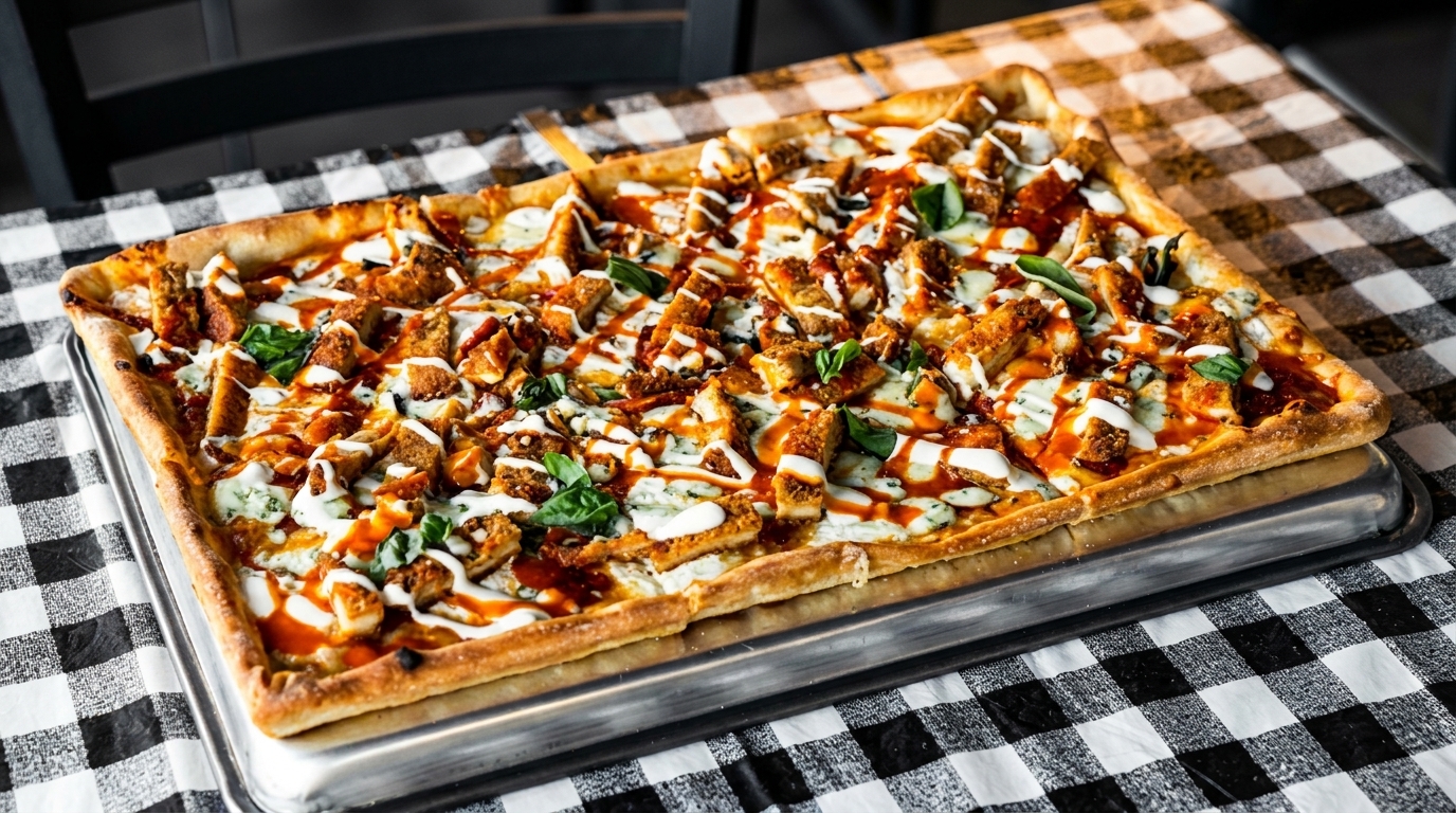 Rectangular buffalo chicken pizza with blue cheese, ranch, and basil on a checkered tablecloth.