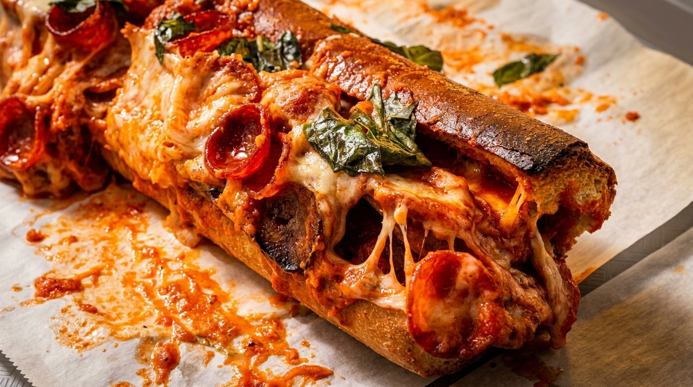 A close-up of a cheesy pepperoni pizza sub with basil on parchment paper.
