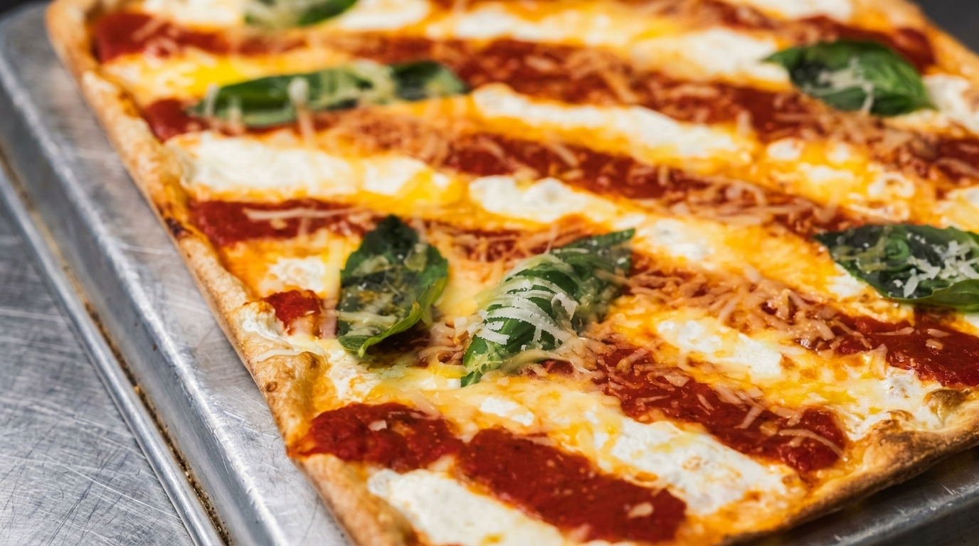 Rectangular pizza with stripes of red sauce, white cheese, and green basil on a metal tray.