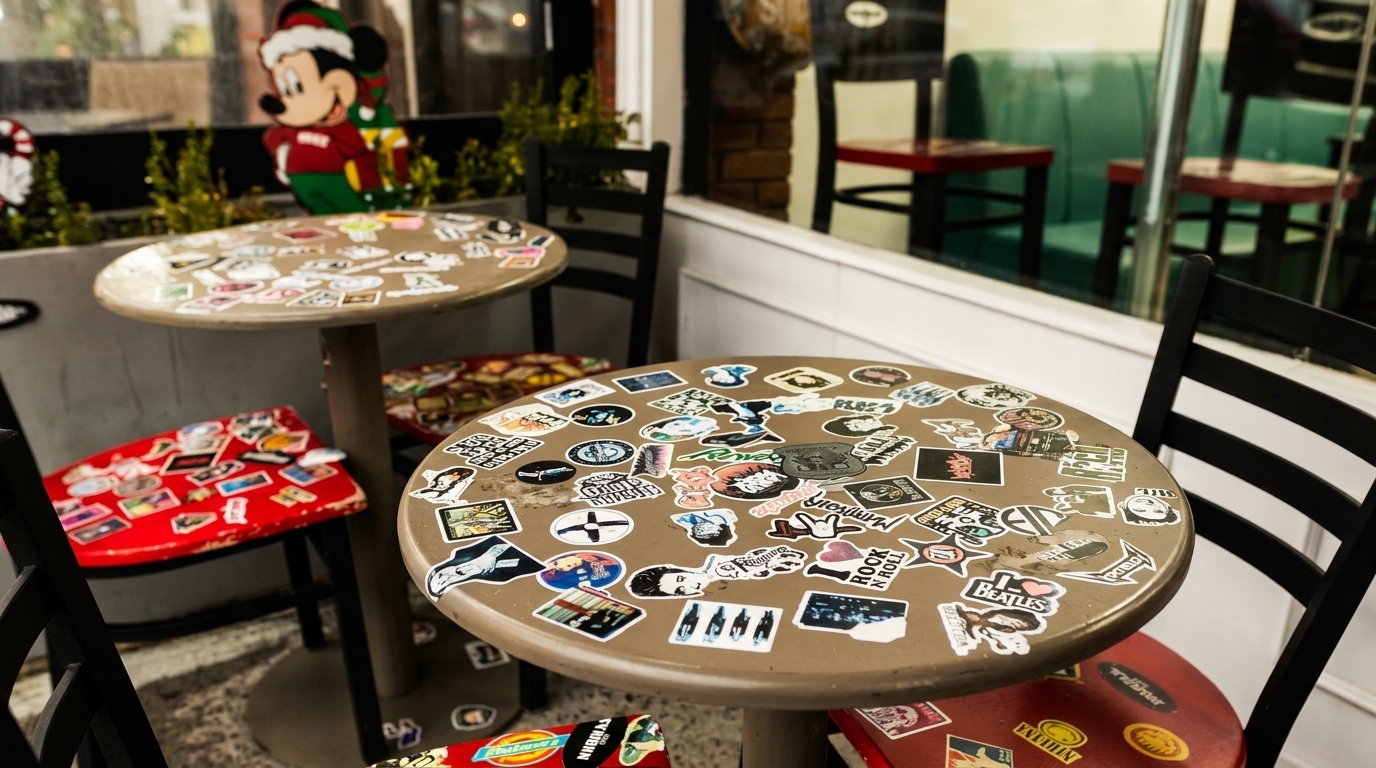Outdoor cafe tables and chairs covered in stickers, with a Mickey Mouse decoration in the background.