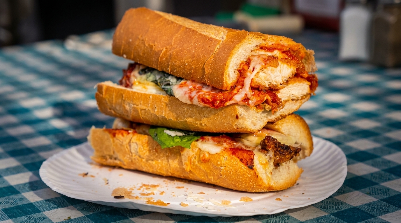 Two stacked chicken parmesan subs with melted cheese and sauce on a paper plate.