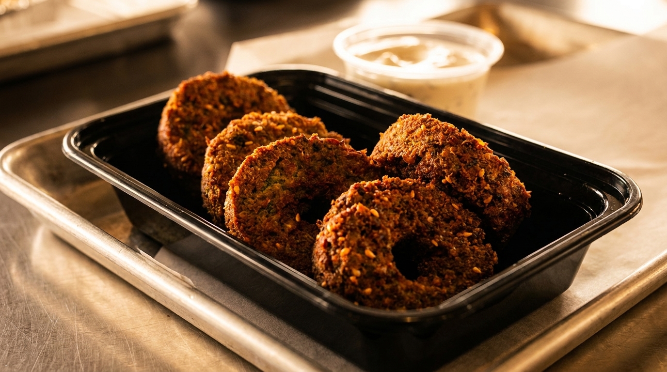 Five crispy falafel patties with sesame seeds in a black container, with a side of sauce.