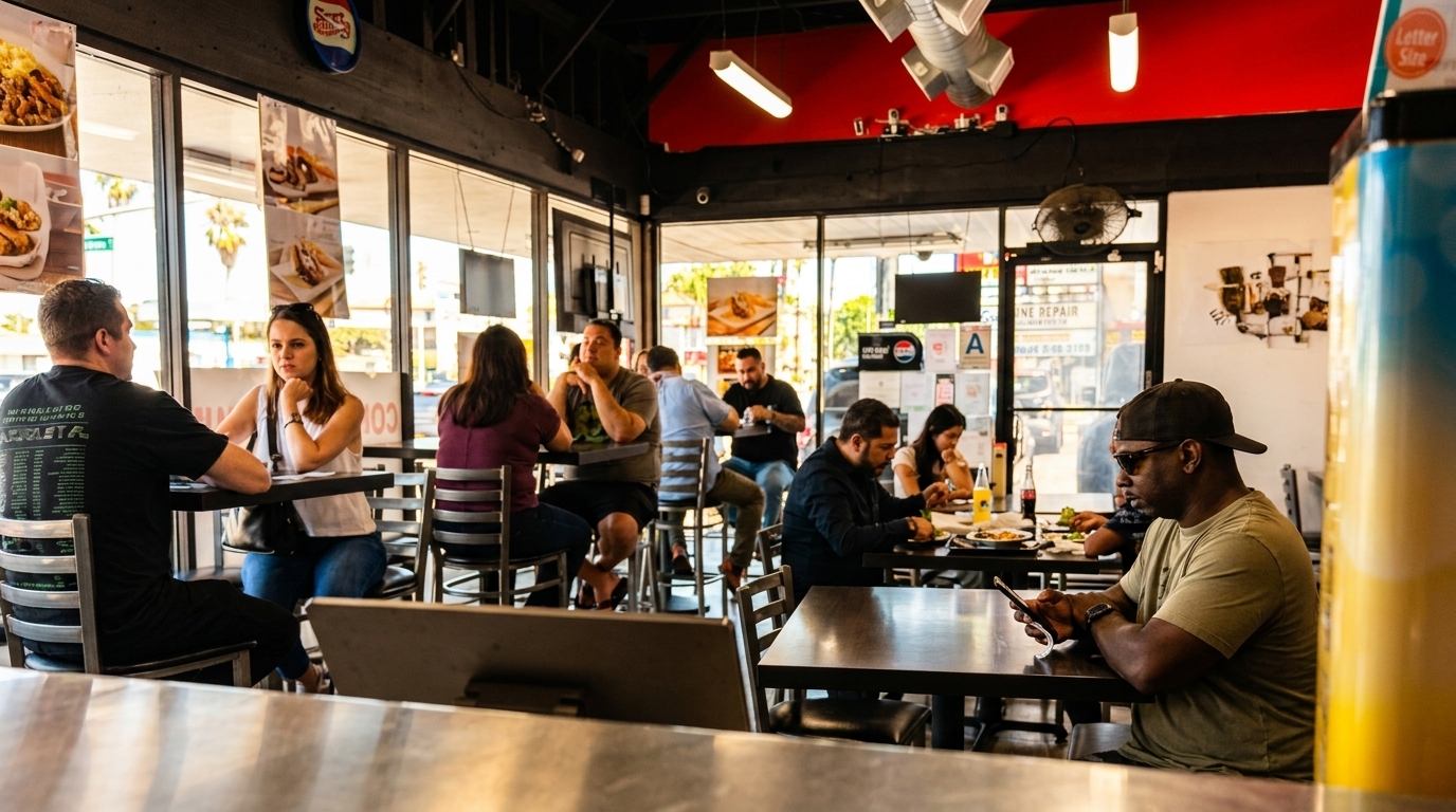 Diners seated at tables inside a casual restaurant with large windows and red accents.