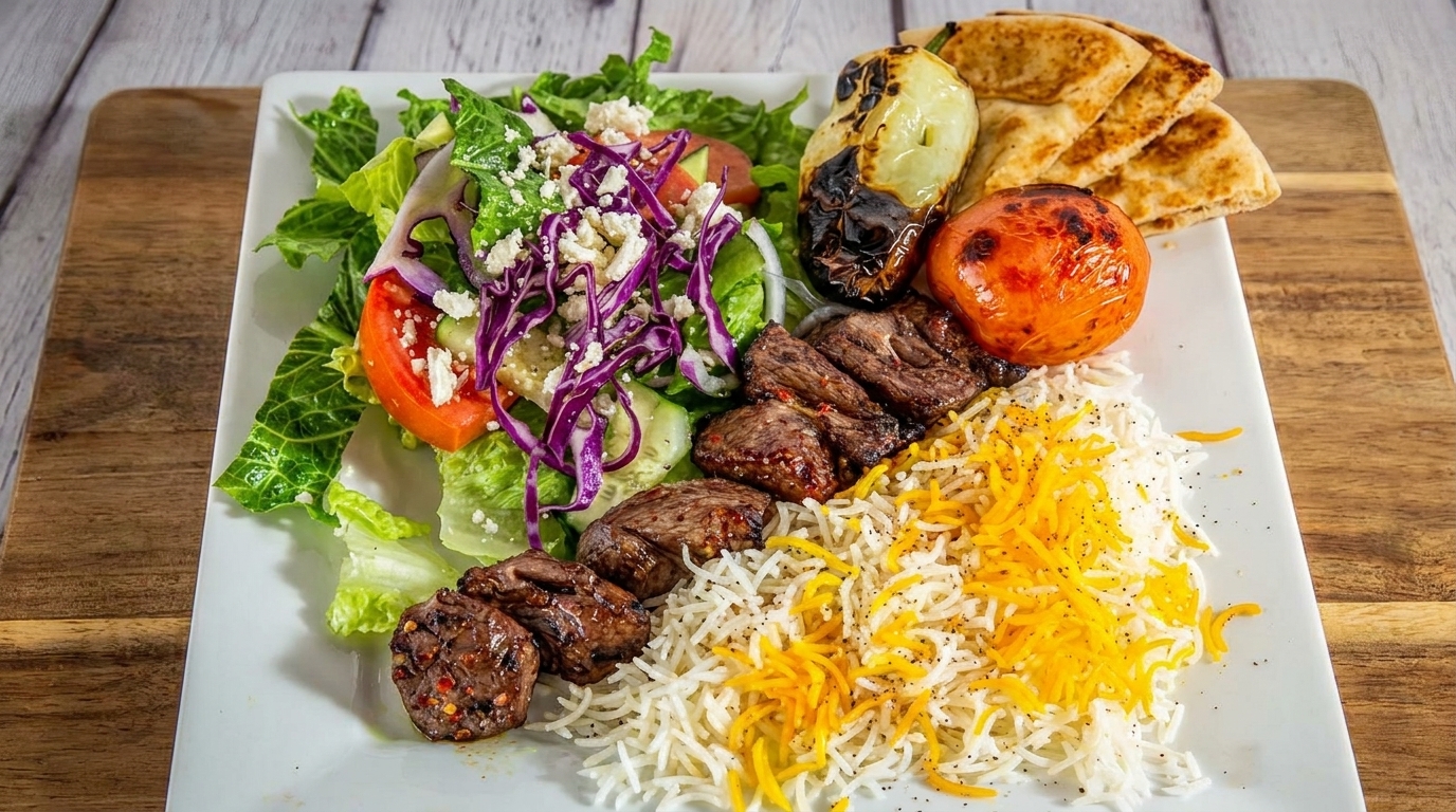 Grilled beef skewers with rice, salad, roasted tomato, and pita bread on a white plate.