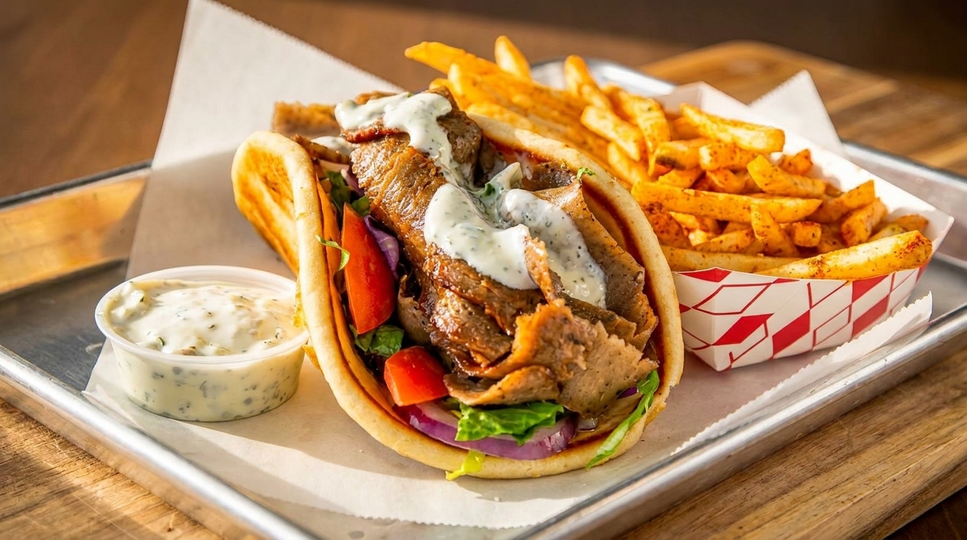 Gyro sandwich with meat, lettuce, tomatoes, onions, and tzatziki sauce, served with fries and a side of sauce.