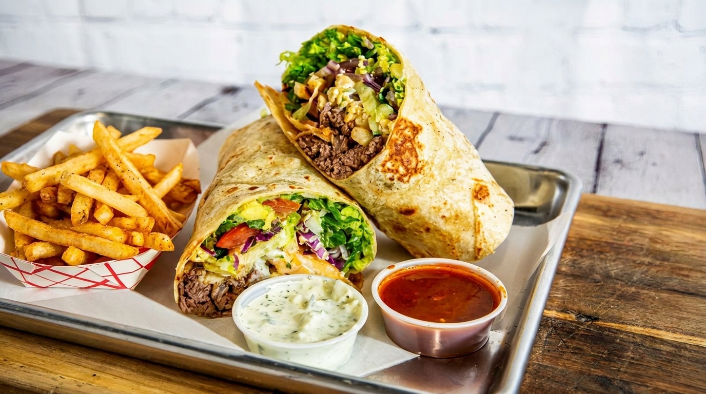 Two large wraps filled with meat and vegetables, served with fries and dipping sauces on a tray.