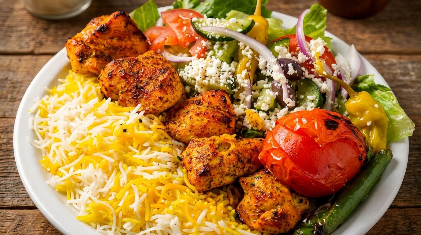 Chicken kabob plate with yellow rice, Greek salad, grilled tomato, and peppers on a white plate.