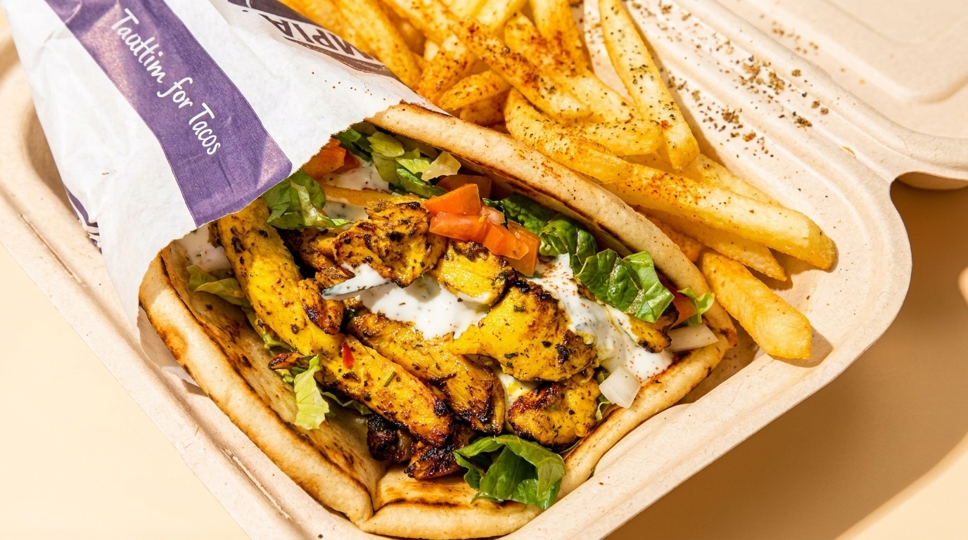 A Taattim for Tacos chicken pita wrap with lettuce, tomatoes, and sauce, served with fries.