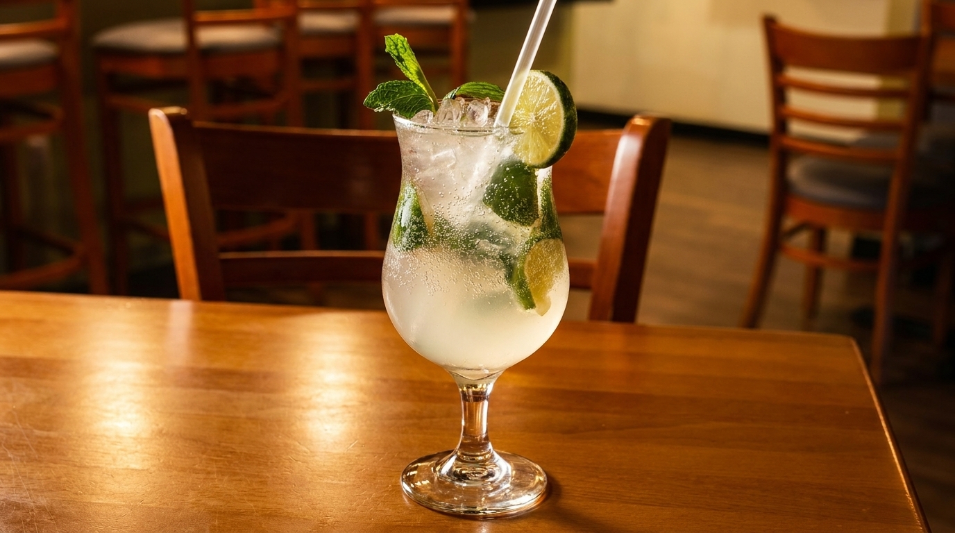 A refreshing mojito cocktail with lime, mint, and ice on a wooden table in a restaurant.