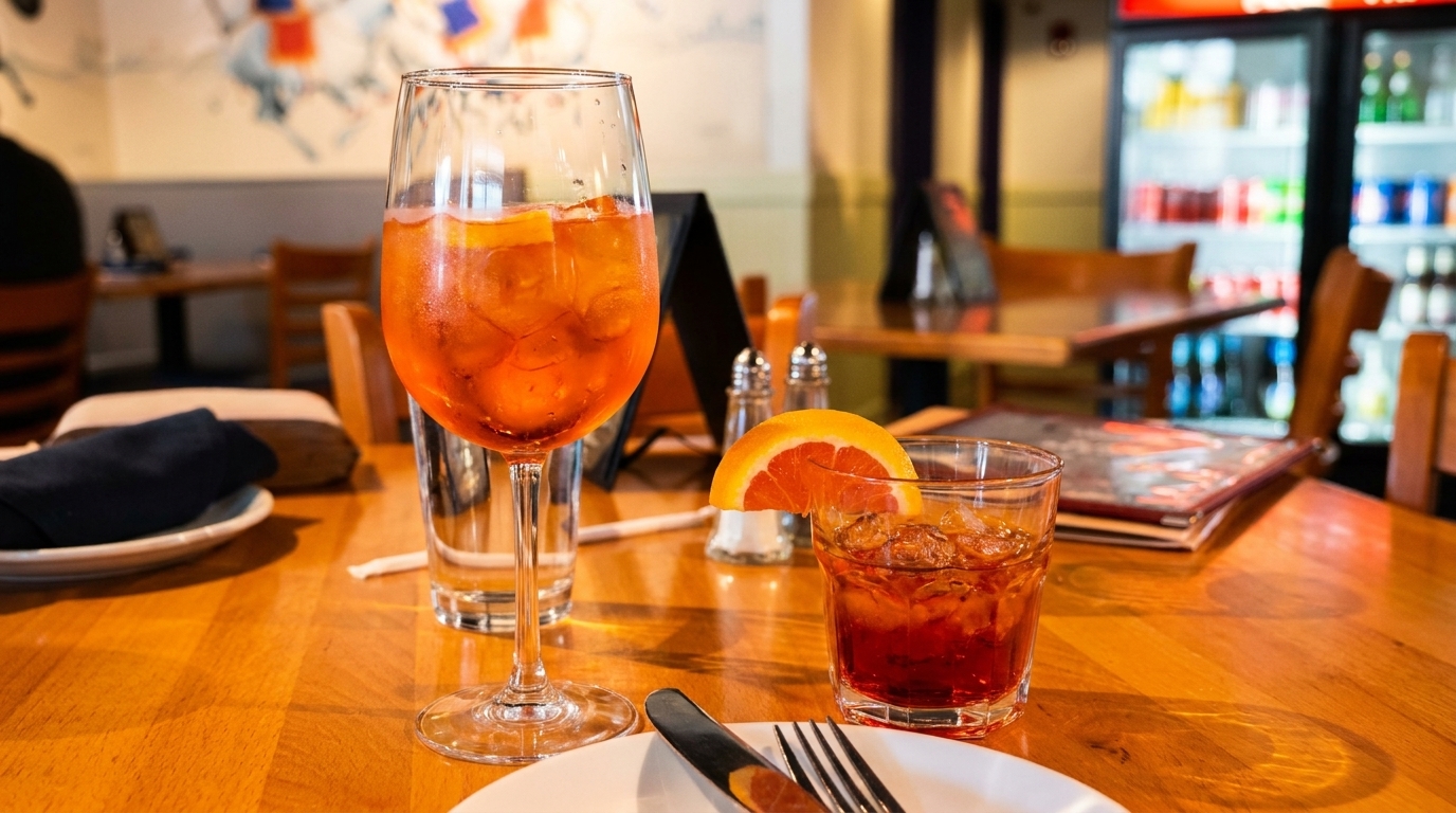 Two cocktails, one orange spritz and one red drink with an orange slice, on a wooden table.