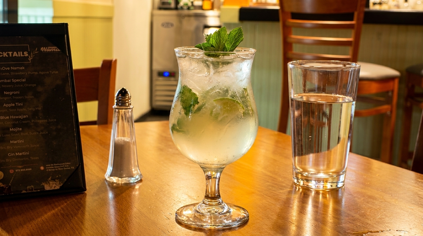 A mojito cocktail with mint and lime, a water glass, and a menu on a wooden table.