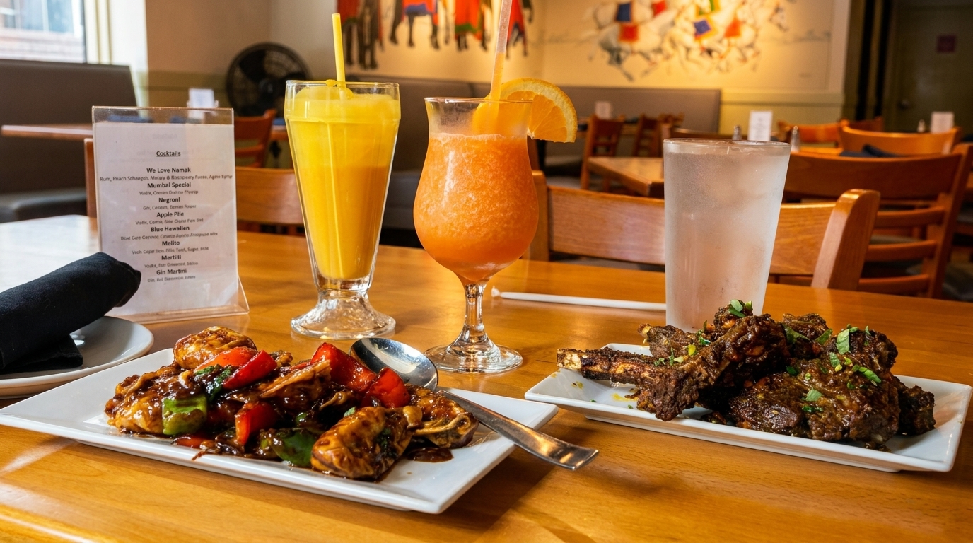 Two plates of Indian food, three cocktails, and a menu on a wooden table in a restaurant.