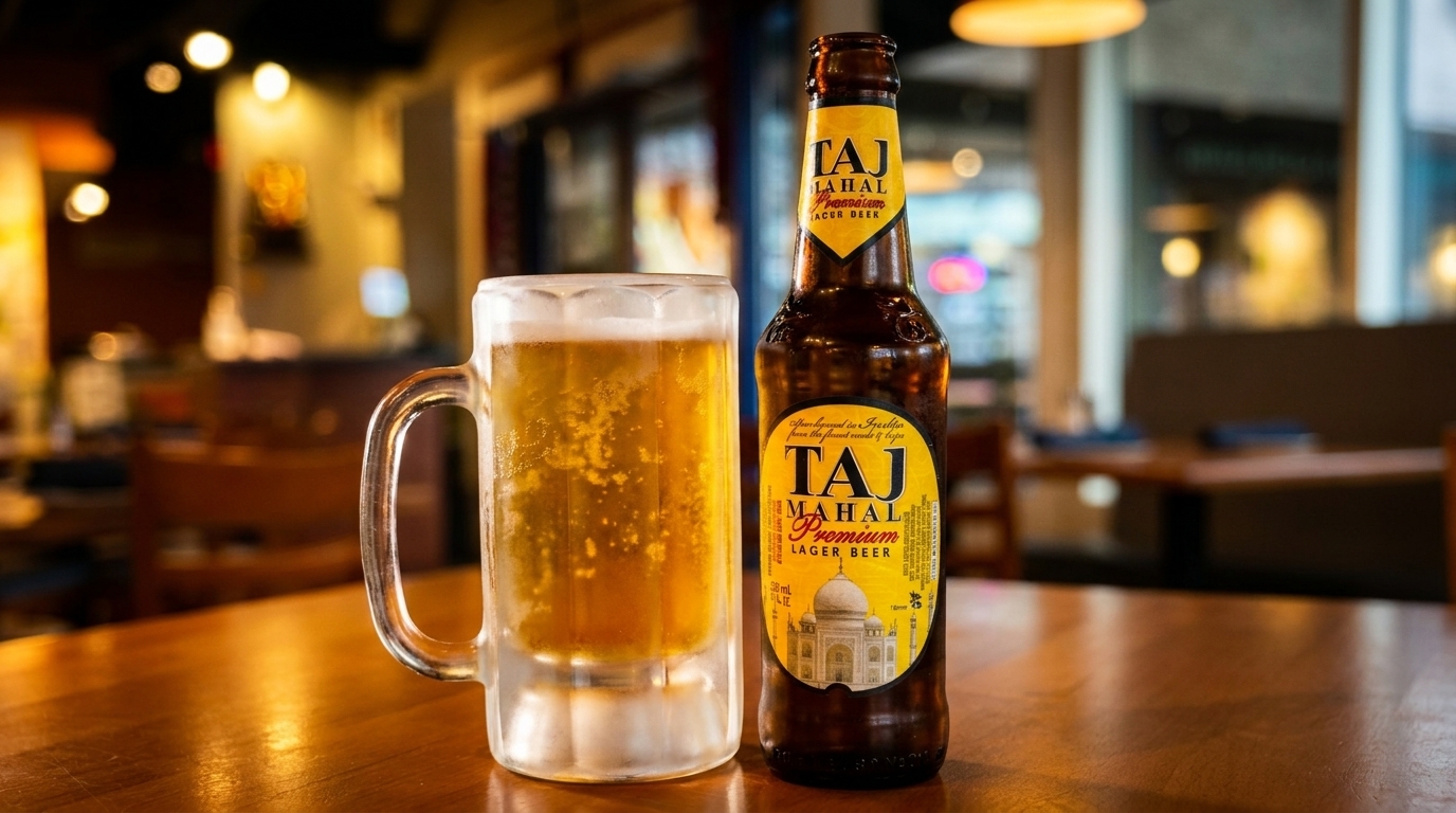 A Taj Mahal Premium Lager beer bottle and a frosty mug of beer on a wooden table.