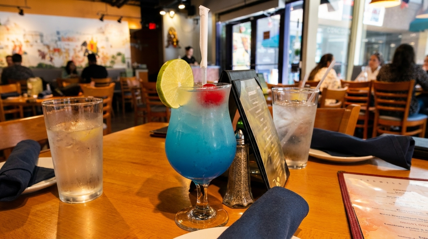 Blue cocktail with lime and cherry, water glass, and menu on a wooden table in a restaurant.