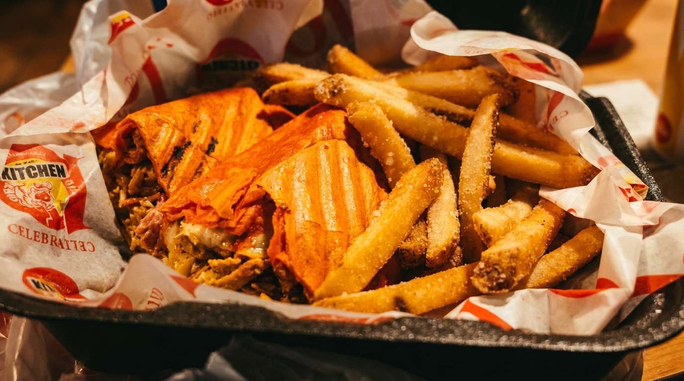 Close-up of a panini sandwich and french fries in a basket lined with branded paper.