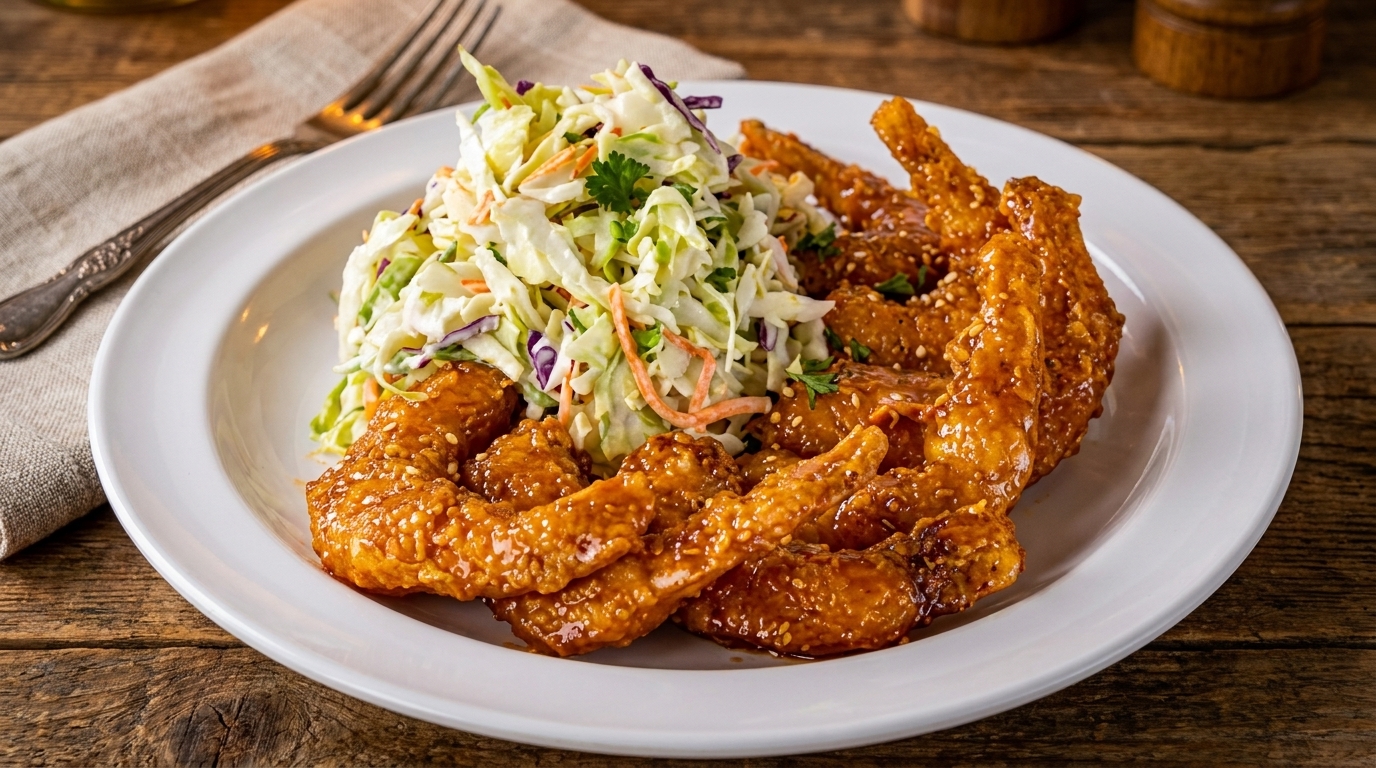 Crispy honey garlic chicken wings with sesame seeds and a side of coleslaw on a white plate.