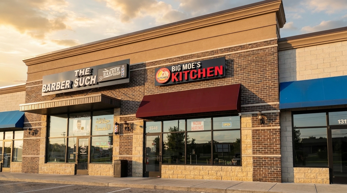 Exterior of Big Moe's Kitchen and The Barber Such storefronts under a cloudy sky.