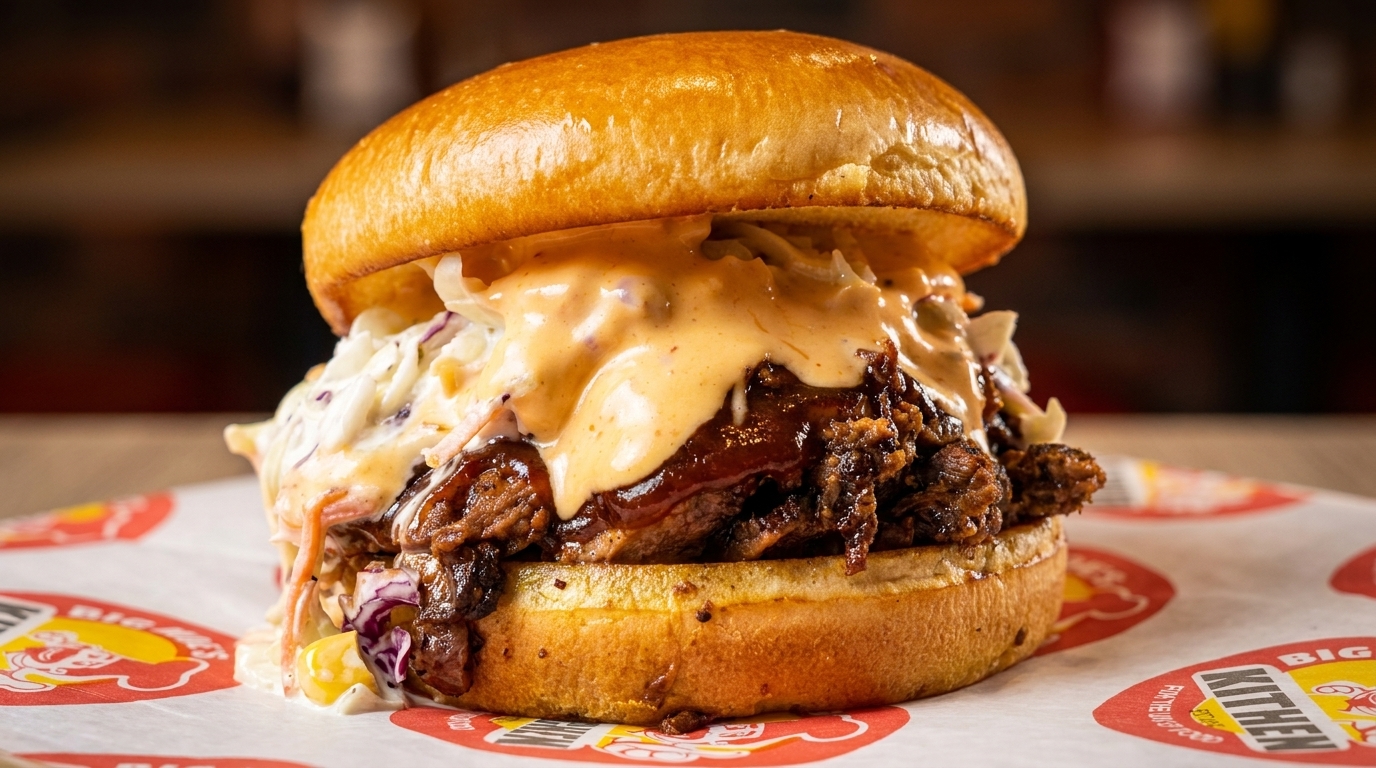 Close-up of a pulled pork sandwich with coleslaw and sauce on a branded wrapper.