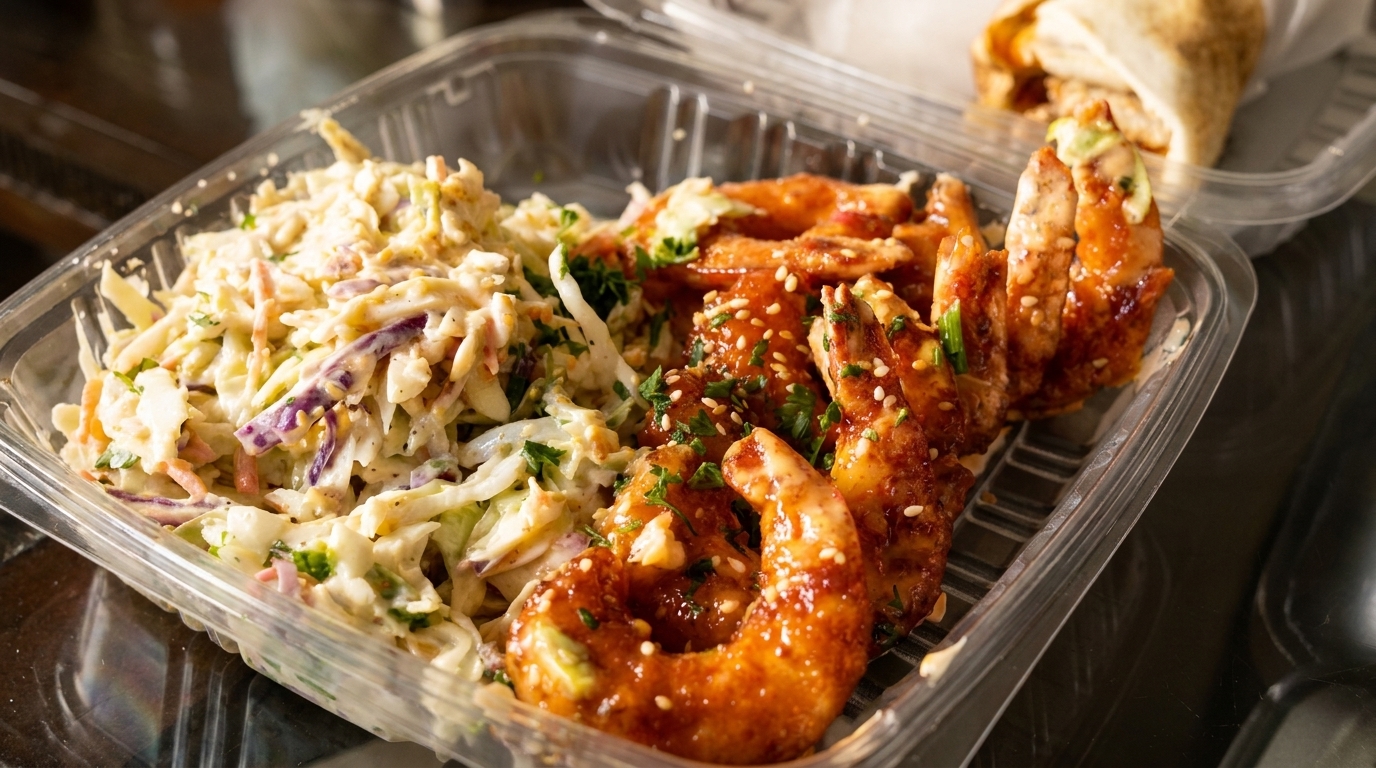 Takeout container with coleslaw and crispy orange shrimp garnished with sesame seeds and parsley.