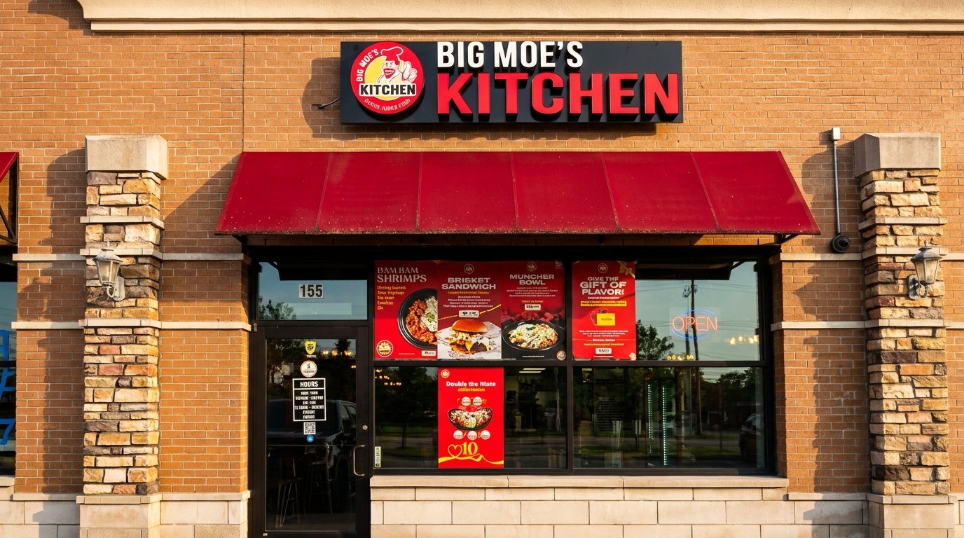 Big Moe's Kitchen restaurant exterior with a red awning, brick facade, and menu posters in the windows.