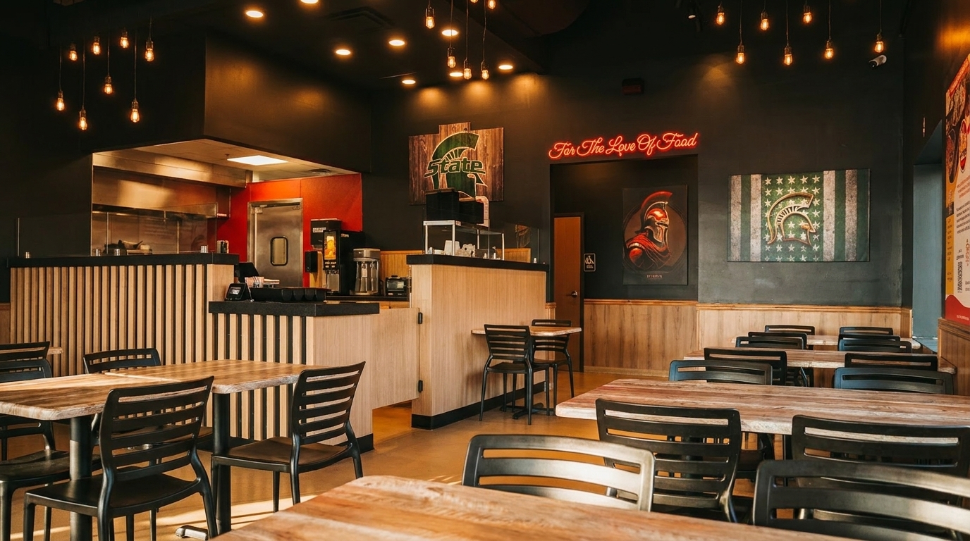 Empty restaurant dining area with wooden tables, black chairs, and Michigan State University decor.