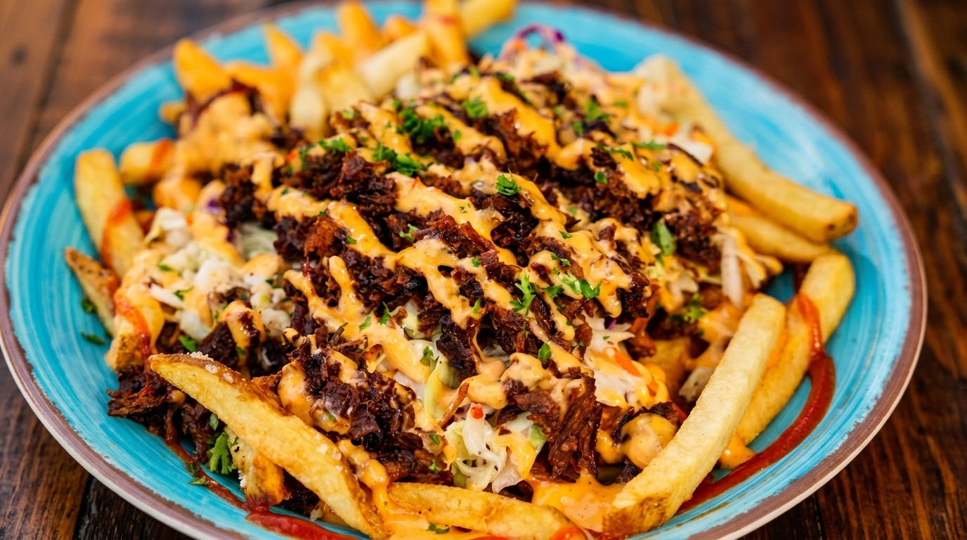 Close-up of loaded fries with pulled pork, coleslaw, and various sauces on a blue plate.