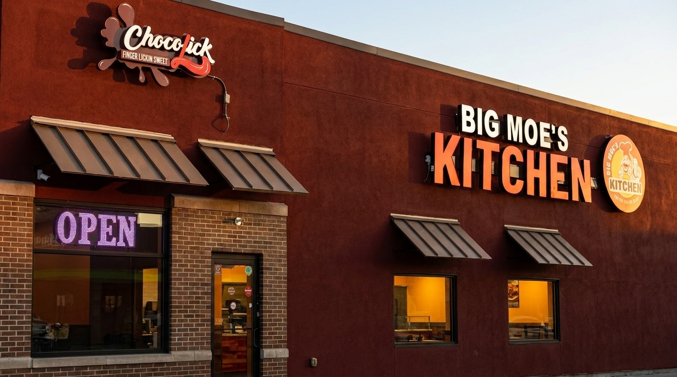 Exterior of Big Moe's Kitchen and Choco Lick restaurants with an "OPEN" sign illuminated.