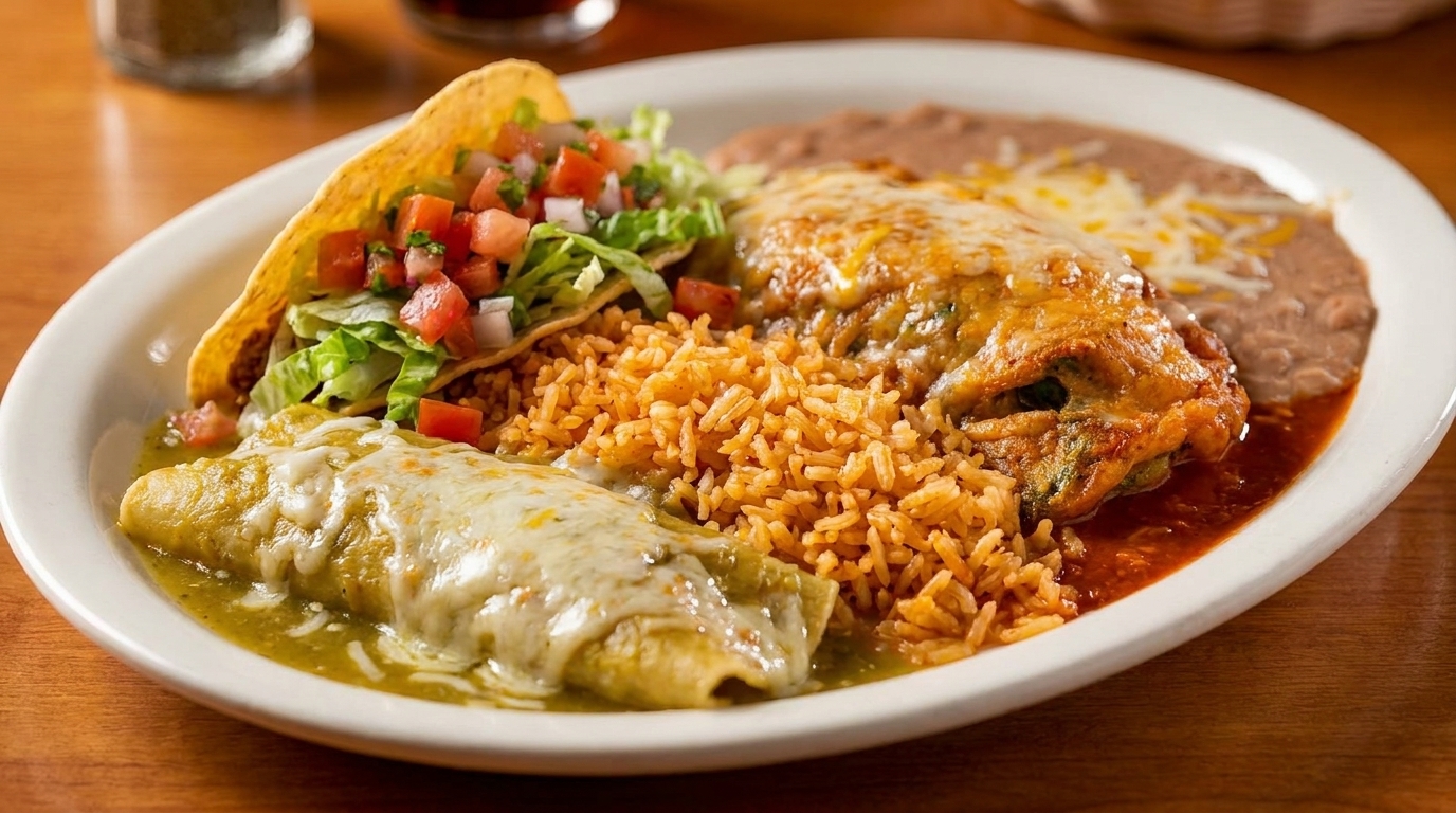 A Mexican combination plate with a taco, enchilada, chile relleno, rice, and refried beans.