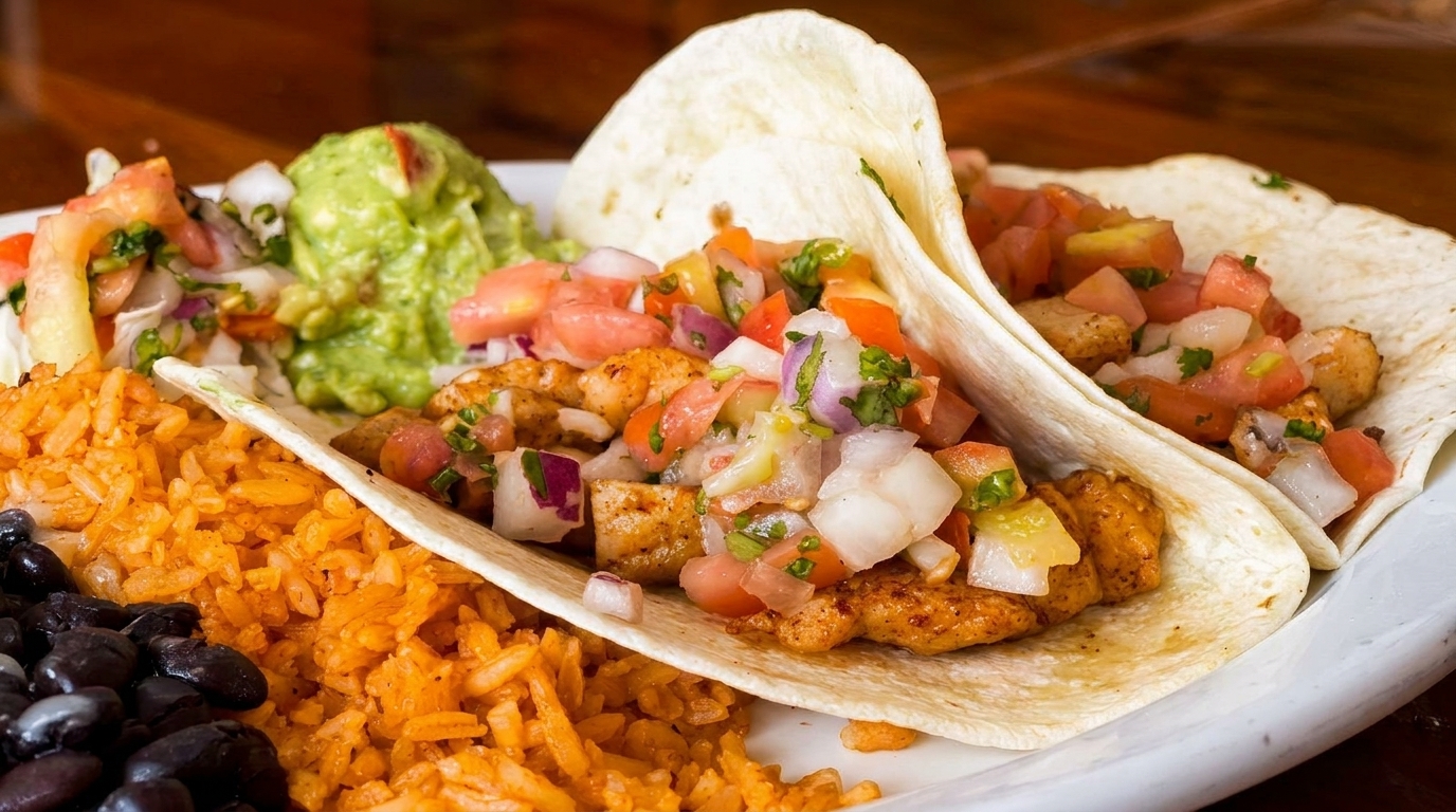 Two chicken tacos with pico de gallo, rice, black beans, and guacamole on a white plate.