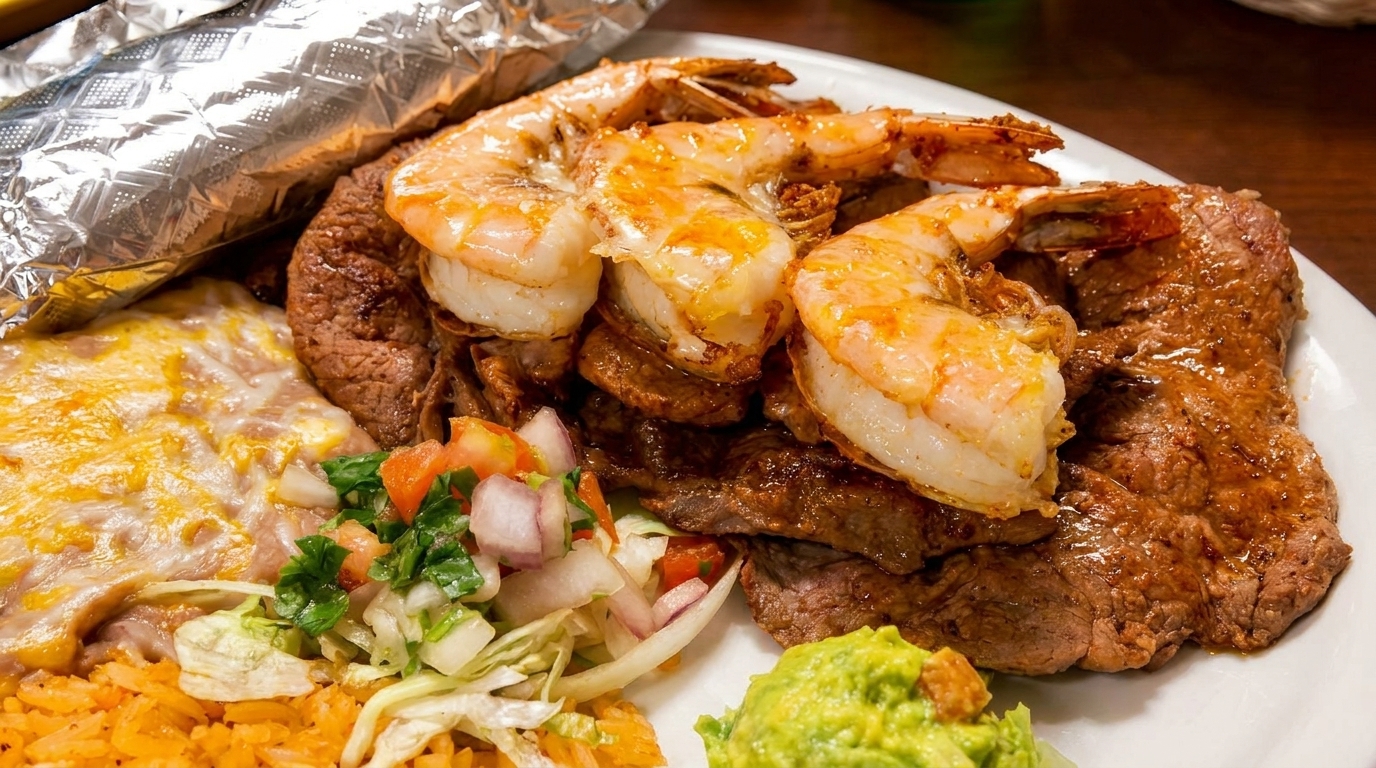 Grilled shrimp and steak with rice, refried beans, pico de gallo, and guacamole on a white plate.