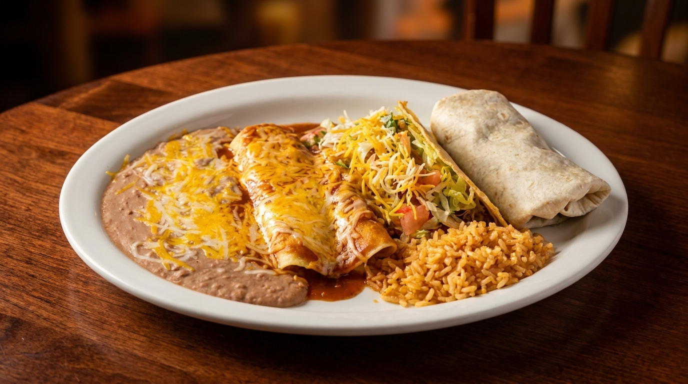 A white plate holds a Mexican combo meal with enchiladas, refried beans, rice, a taco, and a burrito.