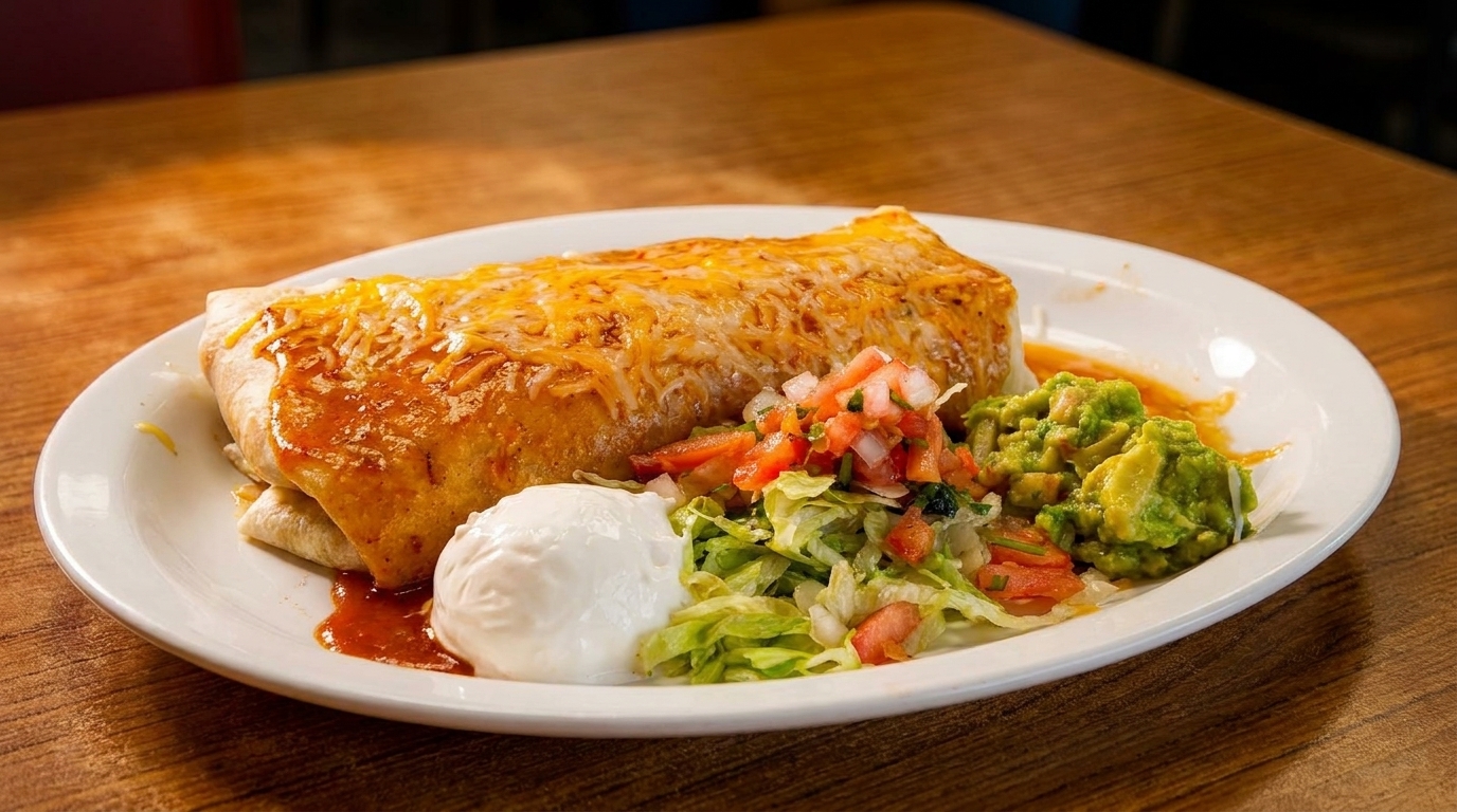 A cheesy burrito with red sauce, guacamole, sour cream, and pico de gallo on a white plate.