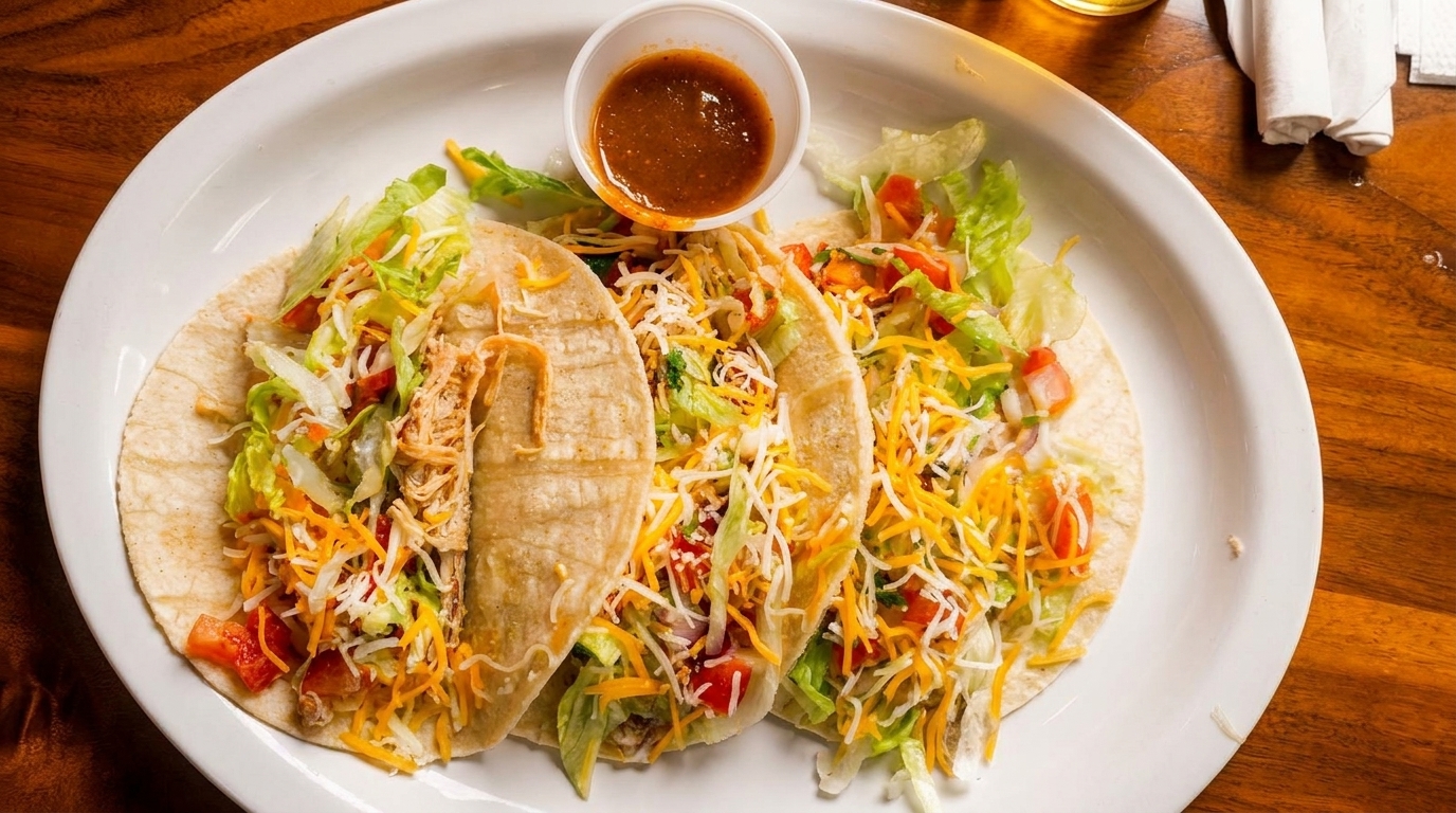 Three soft tacos filled with shredded chicken, lettuce, tomatoes, and cheese, with a side of salsa.