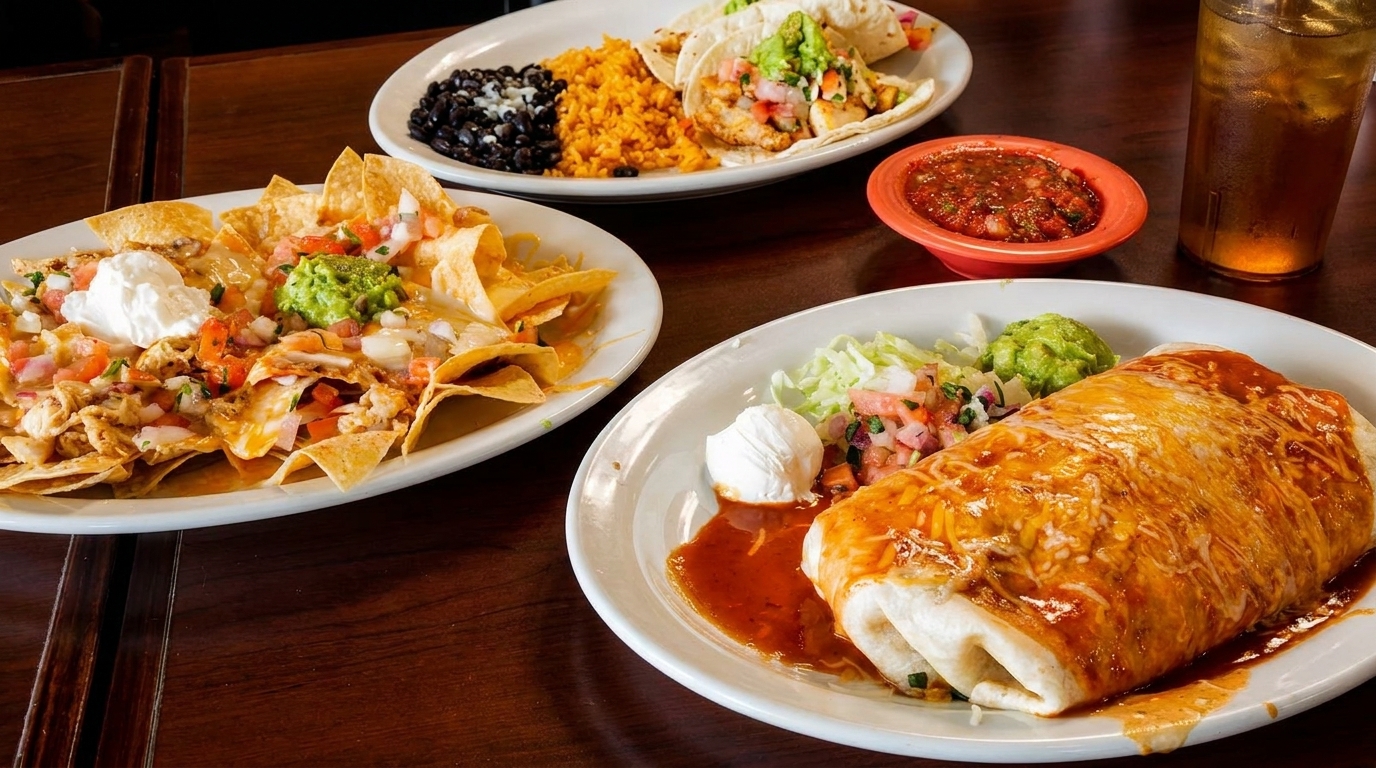 A table laden with Mexican dishes: nachos, tacos, a burrito, rice, beans, salsa, and iced tea.