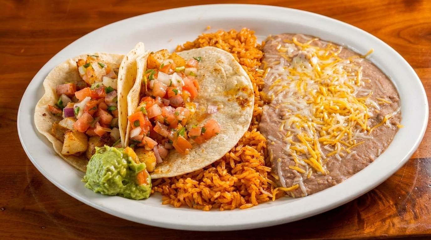Two tacos with pico de gallo, guacamole, rice, and refried beans with cheese on a white plate.