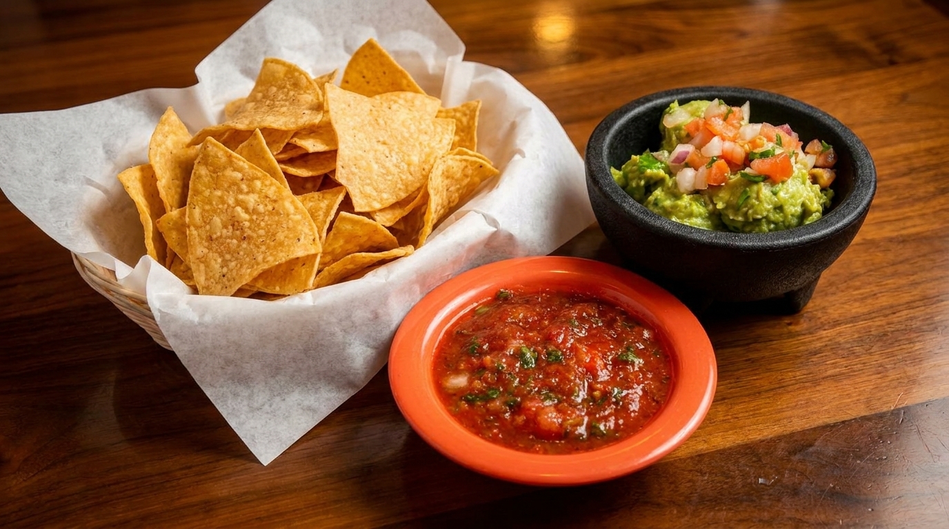A basket of tortilla chips, a bowl of salsa, and a bowl of guacamole on a wooden table.